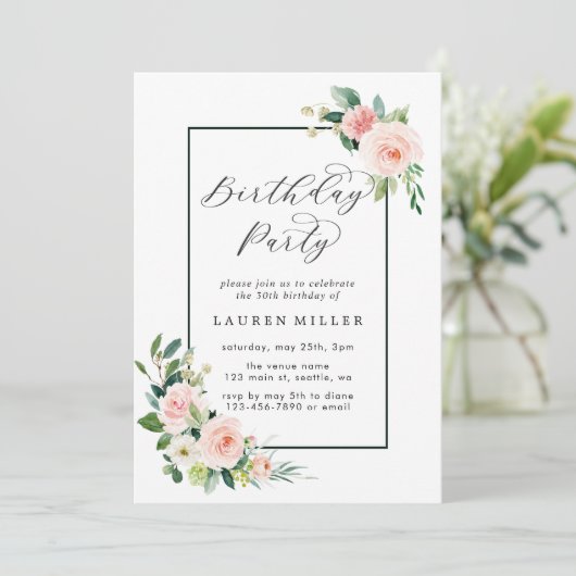 赤面ピンクウォーターカラー開花誕生日パーティー 招待状 (スタンド正面)