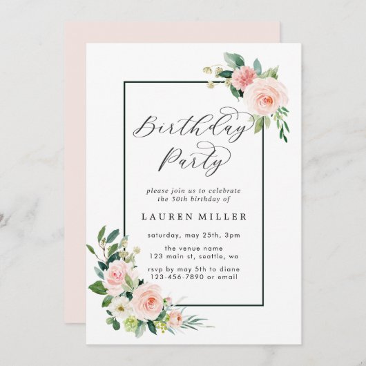 赤面ピンクウォーターカラー開花誕生日パーティー 招待状 (正面/裏面)