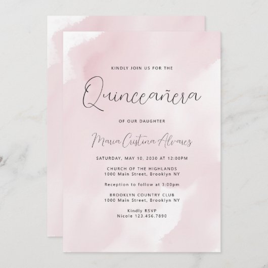 赤面ピンクウォーターカラー15誕生日キンセアニラ 招待状 (正面/裏面)