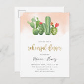 赤面ピンクウォーターカラー&カクタスリハーサルディナー インビテーションポストカード (正面/裏面)