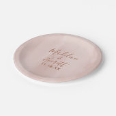 赤面ピンクウォーターカラー&バラ金ゴールド結婚ズモノグラム ペーパープレート (アングル)