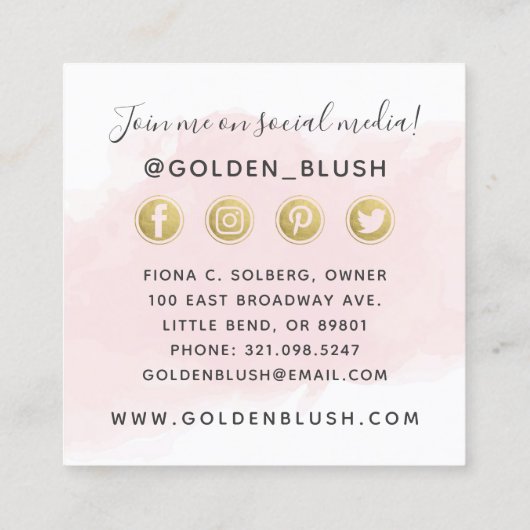 赤面ピンクウォーターカラー&金ゴールドソーシャルメディアネットワーク スクエア名刺 (裏面)