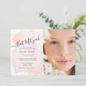 赤面ピンクウォーターカラーx金ゴールド写真バルミツワー 招待状 (スタンド正面)