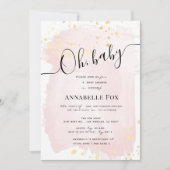 赤面ピンクウォーターカラーx金ゴールド（ばちゃばちゃ）跳ねるベビーシャワー 招待状 (正面)
