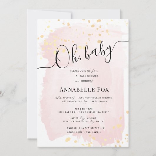 赤面ピンクウォーターカラーx金ゴールド（ばちゃばちゃ）跳ねるベビーシャワー 招待状 (正面)