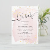 赤面ピンクウォーターカラーx金ゴールド（ばちゃばちゃ）跳ねるベビーシャワー 招待状 (スタンド正面)