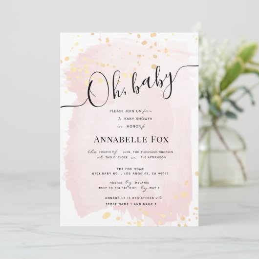 赤面ピンクウォーターカラーx金ゴールド（ばちゃばちゃ）跳ねるベビーシャワー 招待状 (スタンド正面)