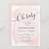 赤面ピンクウォーターカラーx金ゴールド（ばちゃばちゃ）跳ねるベビーシャワー 招待状 (正面/裏面)