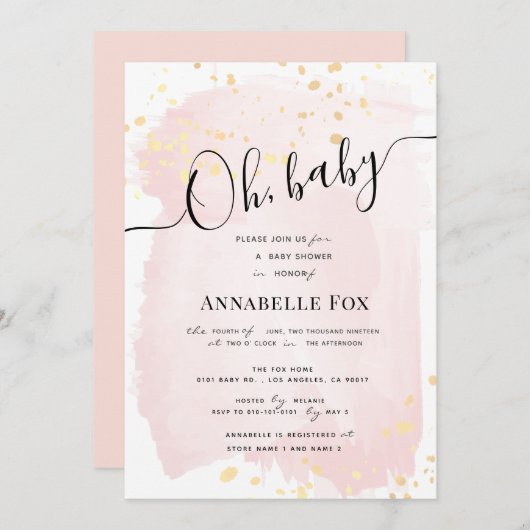 赤面ピンクウォーターカラーx金ゴールド（ばちゃばちゃ）跳ねるベビーシャワー 招待状 (正面/裏面)