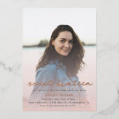 赤面ピンクウォーターガーリーカラースウィート16バラ金ゴールド 箔招待状 (正面)