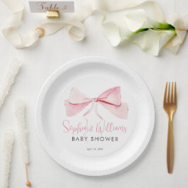 赤面ピンクウォーター色のリボン女の子ベビーシャワー ペーパープレート