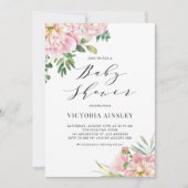 赤面ピンクウォーター色バラフローラベビーシャワー 招待状 (正面)
