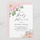 赤面ピンクウォーター色バラフローラベビーシャワー 招待状 (正面/裏面)