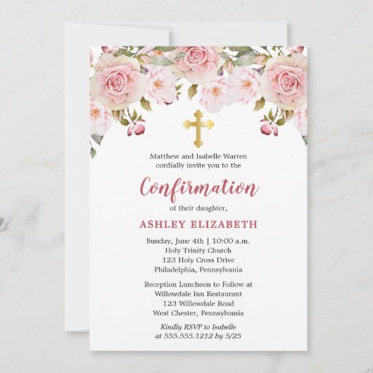 赤面ピンクウォーター色フローラガール確認 招待状 (正面)