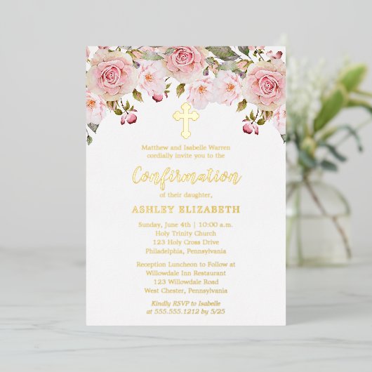 赤面ピンクウォーター色フローラガール確認 箔招待状 (立ち正面)