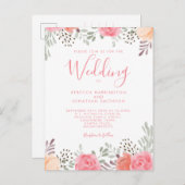 赤面ピンクウォーター色フローラバラ結婚式の招待 ポストカード (正面/裏面)