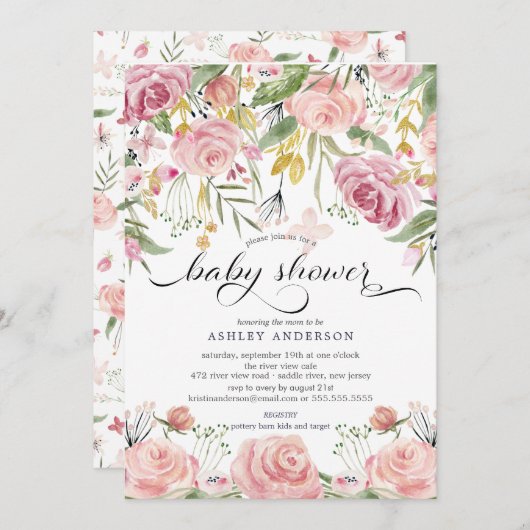 赤面ピンクウォーター色フローラベビーシャワー 招待状 (正面/裏面)