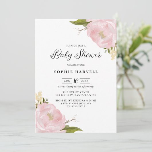 赤面ピンクウォーター色牡丹かわいらし赤ちゃんシャワー 招待状 (スタンド正面)