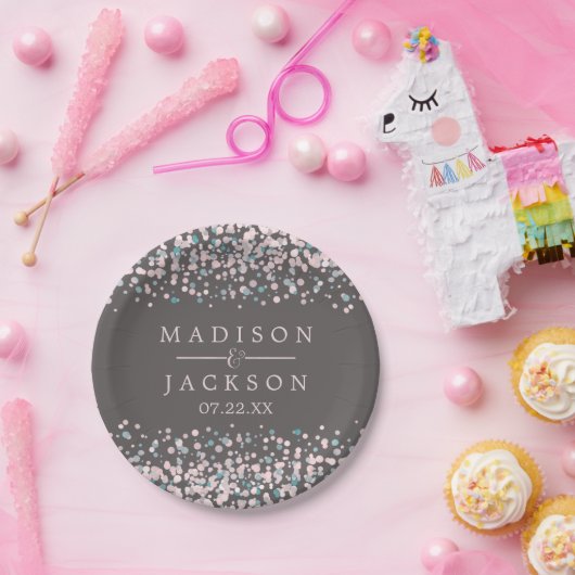 赤面ピンクウォーター色紙吹雪結婚ズモノグラム ペーパープレート (パーティー)