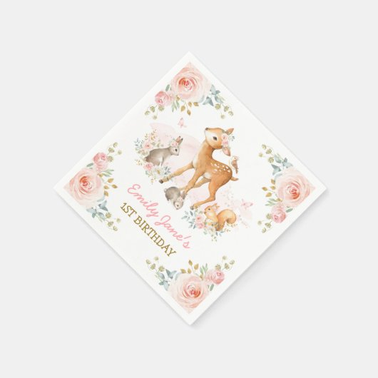 赤面ピンクウッドランドフォレストアニマルズフローラ誕生日 スタンダードカクテルナプキン (角)