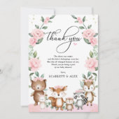 赤面ピンクウッドランドフローラ動物ベビーシャワー サンキューカード (正面)