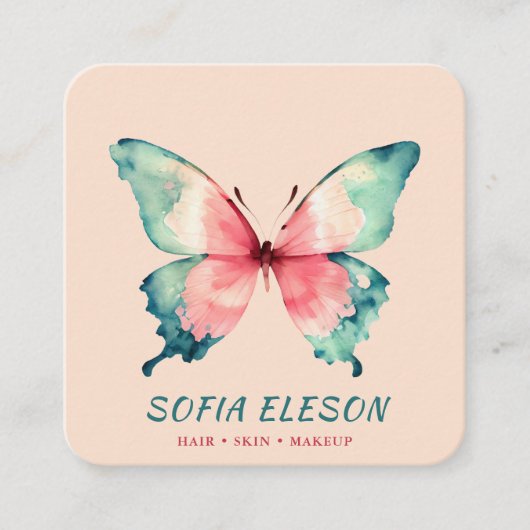 赤面ピンクエレガントウオーターカラーバタフライ美しい スクエア名刺 (正面)