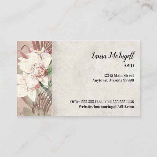 赤面ピンクエレガントフローラオーキッドリーフグリーンリー 名刺 (裏面)