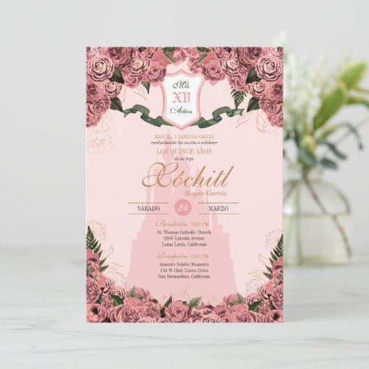 赤面ピンクエレガントプリンセスロイヤリティキンセアニェラ 招待状 (スタンド正面)