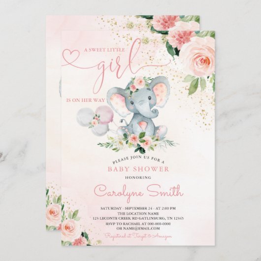 赤面ピンクエレファントベビーシャワー招待状 招待状 (正面/裏面)