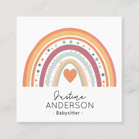 赤面ピンクオレンジSCANDIハートレインボーベビーシッター スクエア名刺 (正面)