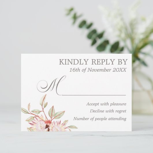 赤面ピンクオーストラリア花結婚式RSVPカード 招待状 (スタンド正面)