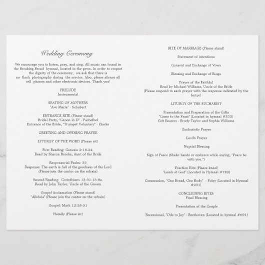 赤面ピンクカソリッ結婚クのセレモニープログラム (裏面)