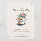 赤面ピンクカップズエイジ誕生日ティーパーティー招待状 サンキューカード (正面/裏面)