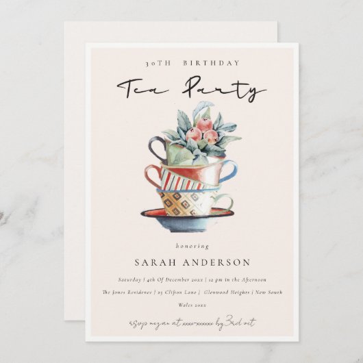赤面ピンクカップズエイジ誕生日ティーパーティー招待状 サンキューカード (正面/裏面)
