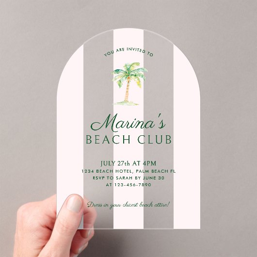 赤面ピンクカバナストライプビーチクラブ誕生日アーチ アクリル招待状 (インサイチュ (ポータブル))