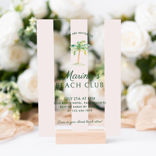 赤面ピンクカバナストライプビーチパーム誕生日 アクリル招待状