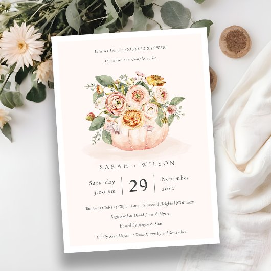 赤面ピンクカボチャフローラカップルシャワー招待状 サンキューカード