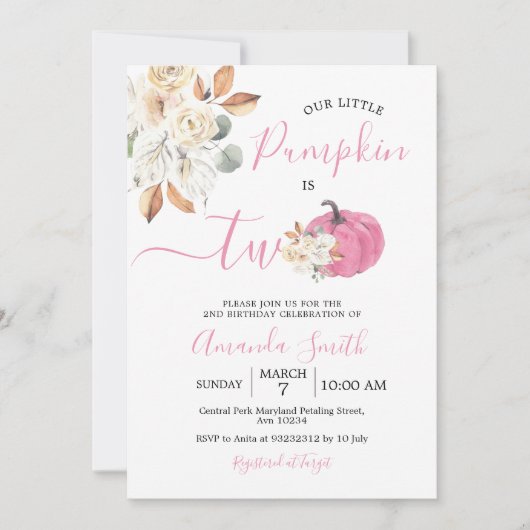 赤面ピンクカボチャ秋の愛は2つの誕生日 招待状 (正面)
