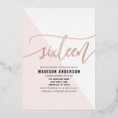 赤面ピンクカラーブロックスウィート16誕生日パーティー 箔招待状 (正面)