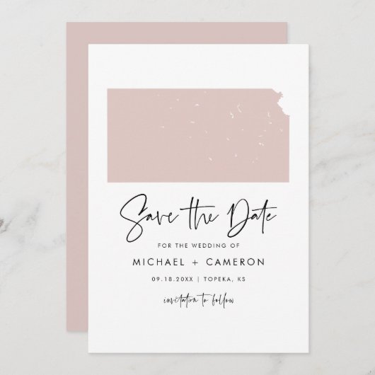 赤面ピンクカンザス州地図ミニマリスト結婚スクリプト セーブザデート (正面/裏面)