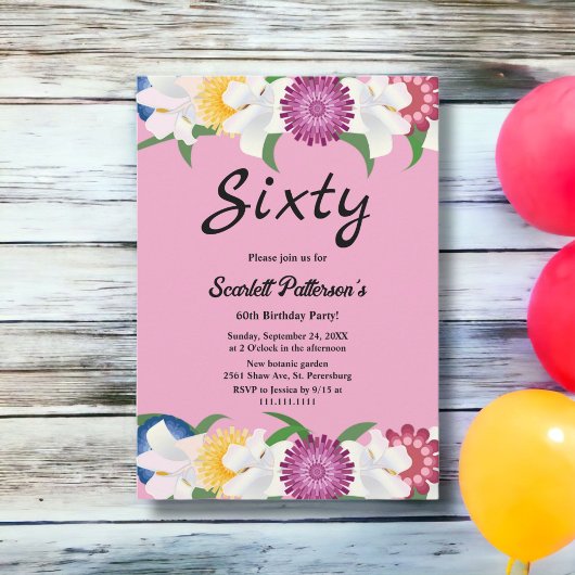 赤面ピンクカントリーモダンフローラ60誕生日 招待状