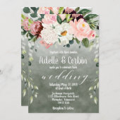 赤面ピンクガーデンセージ緑ホワイトフォントズ結婚 招待状 (正面/裏面)