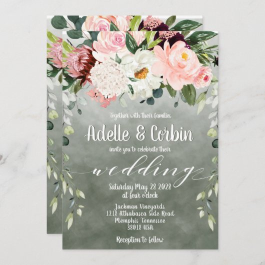 赤面ピンクガーデンセージ緑ホワイトフォントズ結婚 招待状 (正面/裏面)