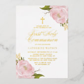 赤面ピンクガーデンバラファーストホーリーコミュニオン金ゴールド 箔招待状 (正面)