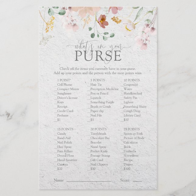 赤面ピンクガーデンフラワーズブライダルシャワー財布ゲーム (正面)