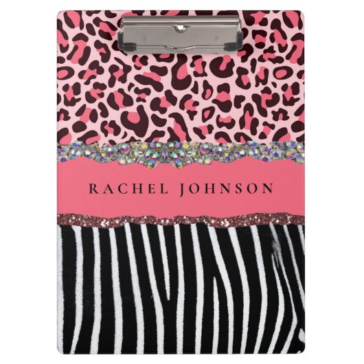 赤面ピンクガーリーグリッターヒョウ印刷スパイラルなし クリップボード (正面)