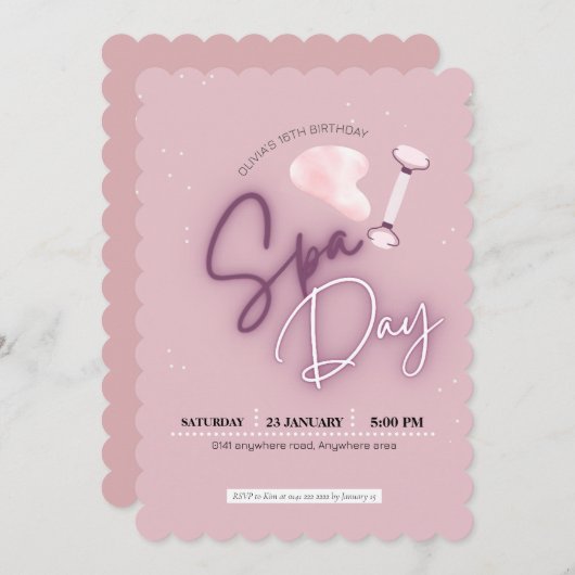 赤面ピンクガーリー、スパ誕生日 招待状 (正面/裏面)