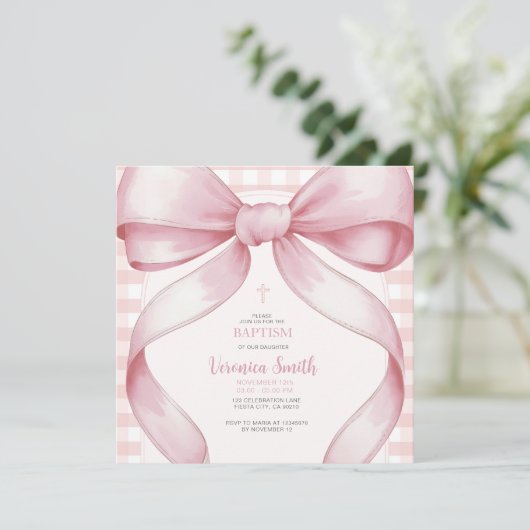 赤面ピンクガールバプティスボーパールネックレス 招待状 (スタンド正面)
