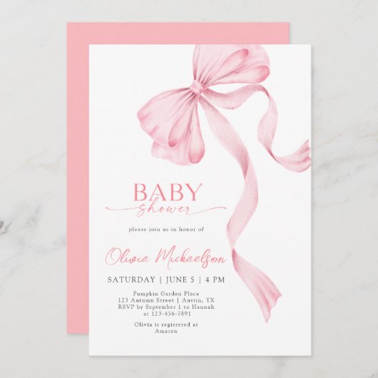 赤面ピンクガールリボンボーコケットベビーシャワー 招待状 (正面/裏面)