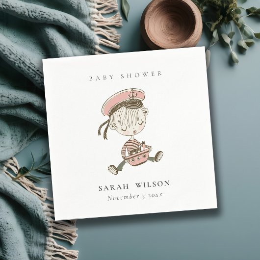 赤面ピンクガール小さなセーラーベビー航海のシャワー スタンダードカクテルナプキン